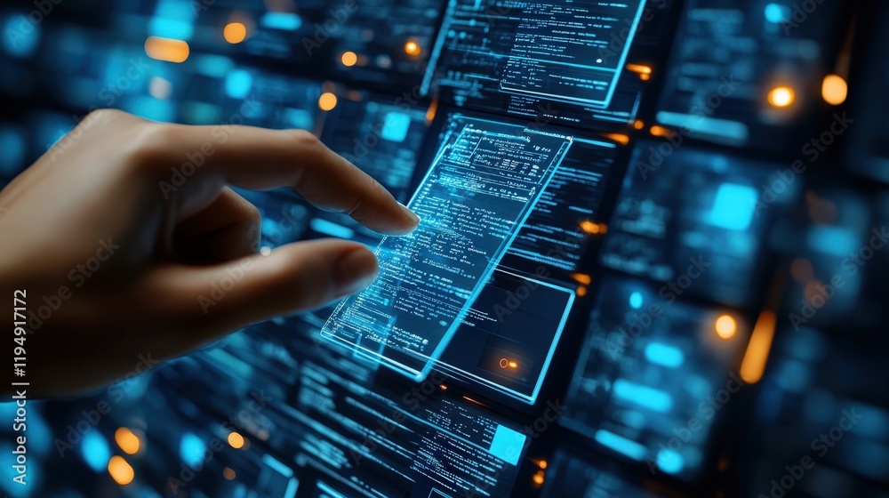 Poster futuristic technology concept with hand interacting with data display on digital screen focusing on 