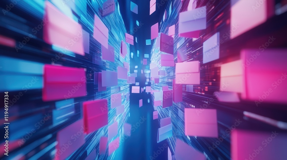 Poster abstract digital data flow with colorful cubes representing document management system concepts in a