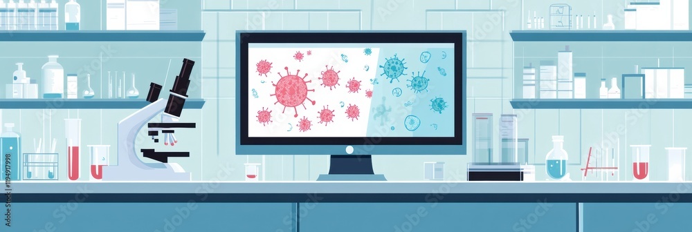 Aufkleber laboratory setup featuring microscopes, test tubes, and digital visuals of bacteria on the monitor. 