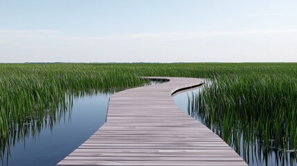 Fototapeta premium Scenic wooden walkway winding through lush wetlands and grass.