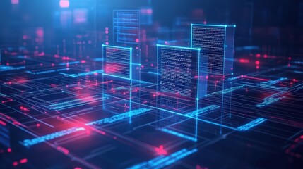 Abstract digital representation of a document management system with futuristic elements and colorful binary code in a networked environment