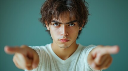 Serious young man pointing, studio shot, teal background, portrait
