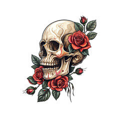 Memento Mori: Red Roses and Skull: A detailed illustration of a human skull adorned with vibrant red roses, symbolizing the bittersweet beauty of life and death.