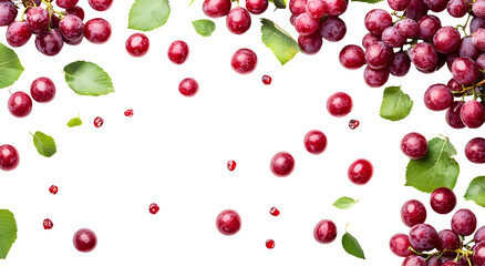 Red Grapes and Pomegranate Seeds Isolated on White Background, Fresh Fruit with Green Leaves, Vibrant Colors