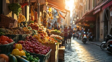 Vibrant market scene at sunset.