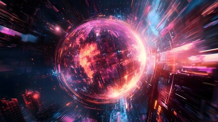Obraz premium Abstract Digital Globe Futuristic Technology Network Data Sphere Red Pink Neon Glowing Light Lines Speed Motion Blur Background Illustration Design 
