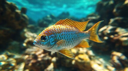 Vibrant fish swimming in coral reef.