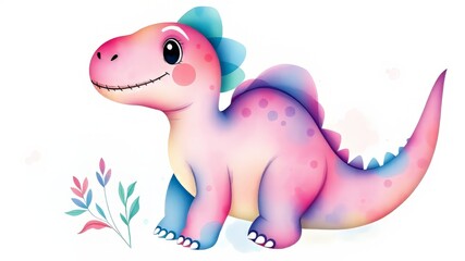 Obraz premium Cute Cartoon Dinosaur Watercolor Clipart - Bright Colorful Illustration