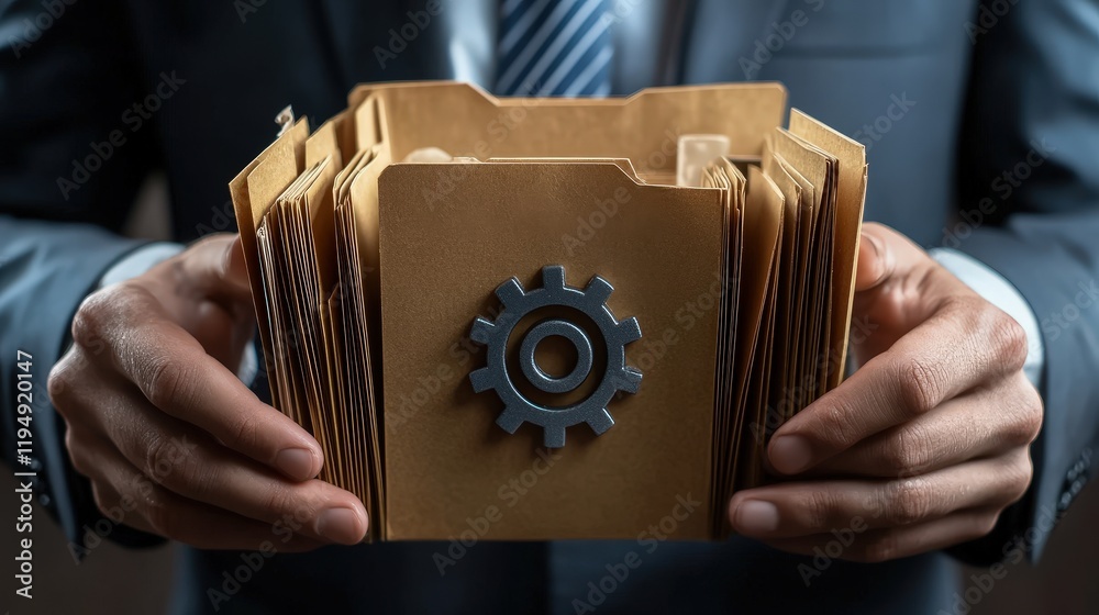 Poster businessman holding a folder icon with gear symbol representing file management and document organiz