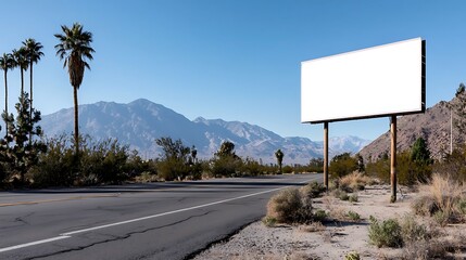Blank billboard on desert highway with mountain backdrop