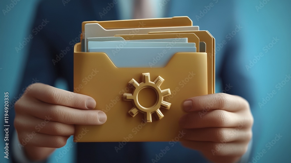 Poster conceptual visualization of file management process featuring hands holding a folder with gear icon,