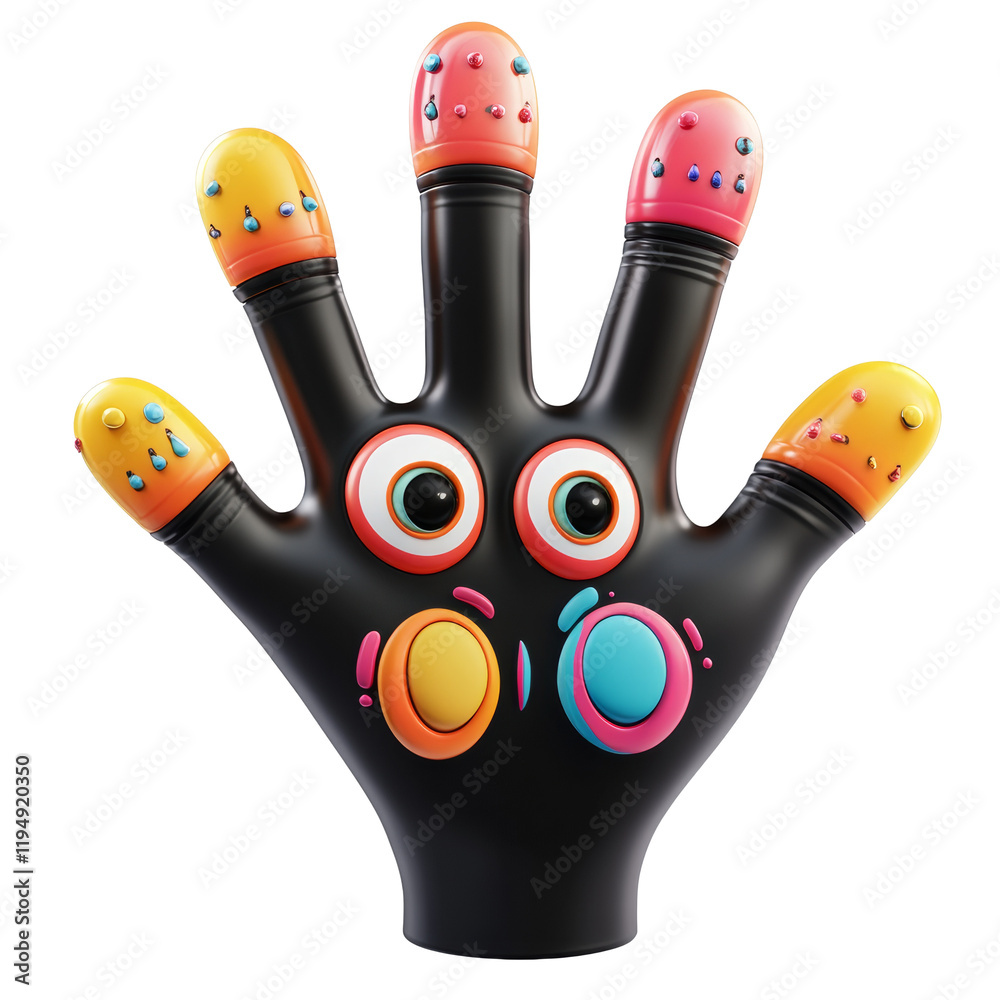 Aufkleber a 3d rendering of a black hand with colorful finger tips, large expressive eyes, and additional colo