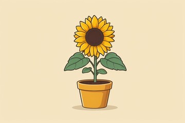 Obraz premium a cartoon sunflower in a pot with green leaves