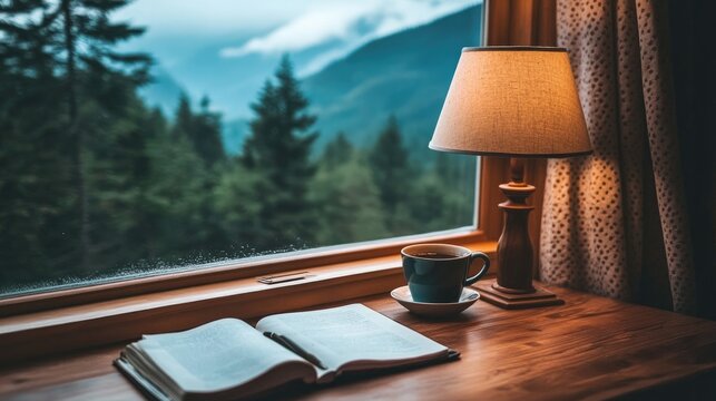 A rustic home office with a wooden desk, a desk lamp, and a cup of coffee by a window. Cozy and warm tones.