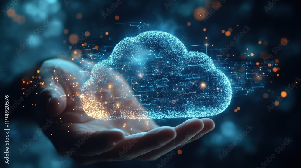 Poster electronic document management concept with cloud storage and data flow visual representation in a b