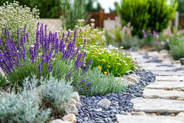 Fototapeta premium Garden landscape design, house exterior generative AI