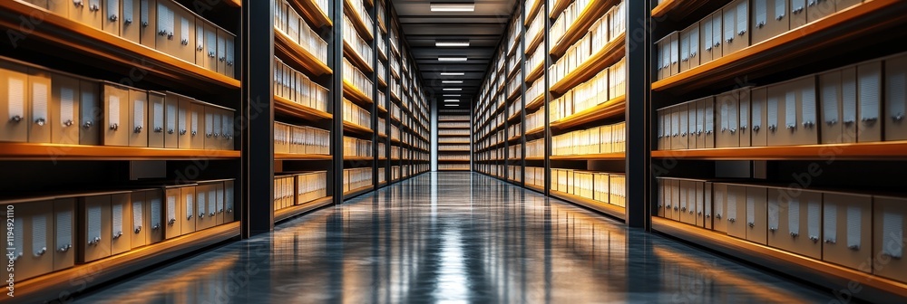 Poster organized archive room with neatly arranged rows of files and bright lighting creating a professiona