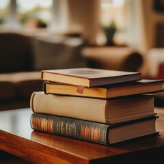 Reading Bliss A Cozy Living Room Scene with Stacked Hardcover Books and a Bookmark