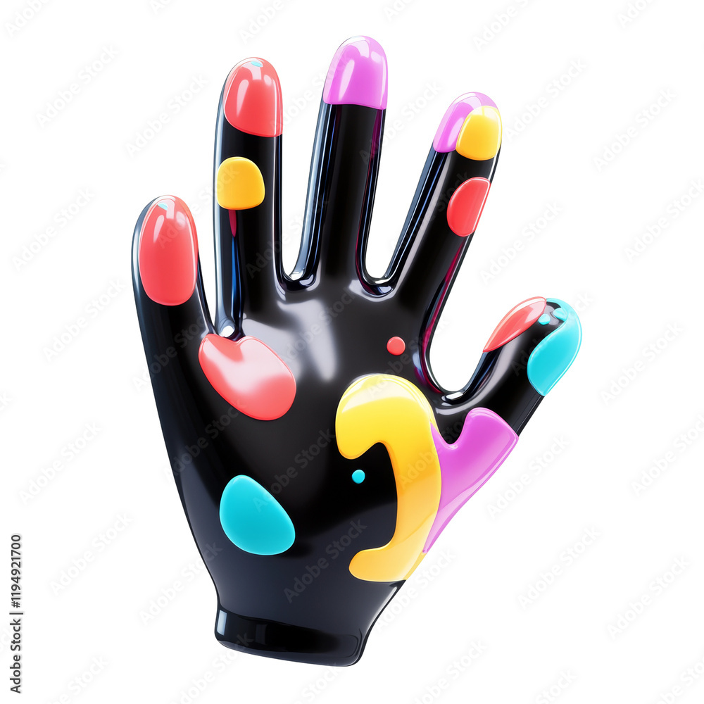 Poster a 3d rendered image shows a black hand with colorful abstract paint splatters.