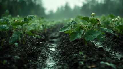 Strawberry plants in a field.