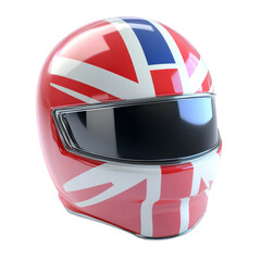 A glossy racing helmet featuring a Union Jack design provides head protection for motorsport competitions.