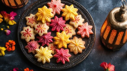Colorful floral cookies on a plate.