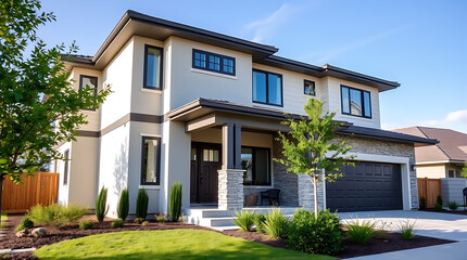 Fototapeta premium Luxury Modern Home Exterior: Dream Suburban House with Stone Facade and Landscaping