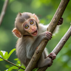 Monkey infant playfully climbing a tree branch in a lush jungle