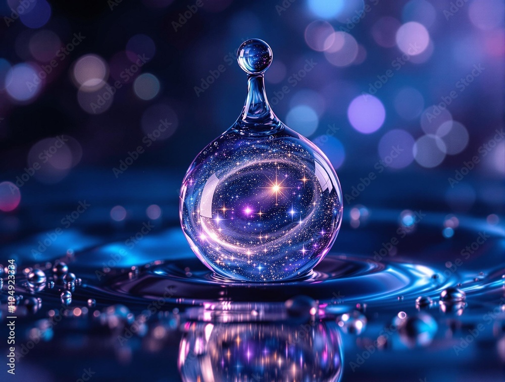 Poster drop of water with a small blue light inside, reflecting light, against a blue background with bokeh