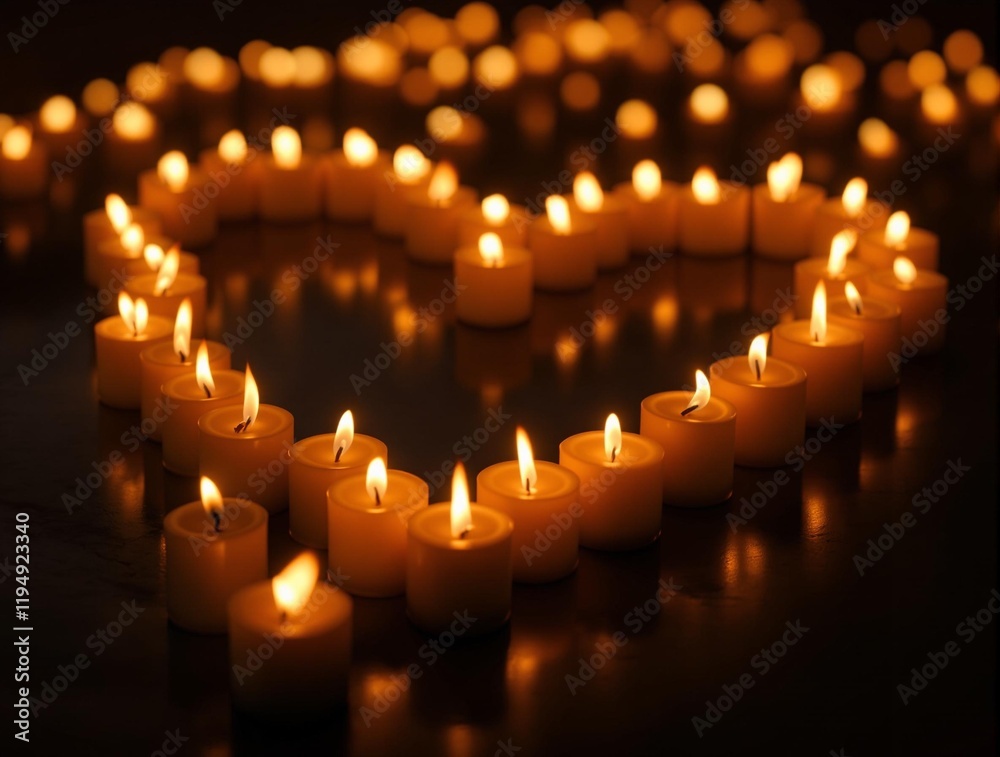 Poster heart-shaped arrangement of lit candles with a soft, warm glow, creating a serene and romantic atmos