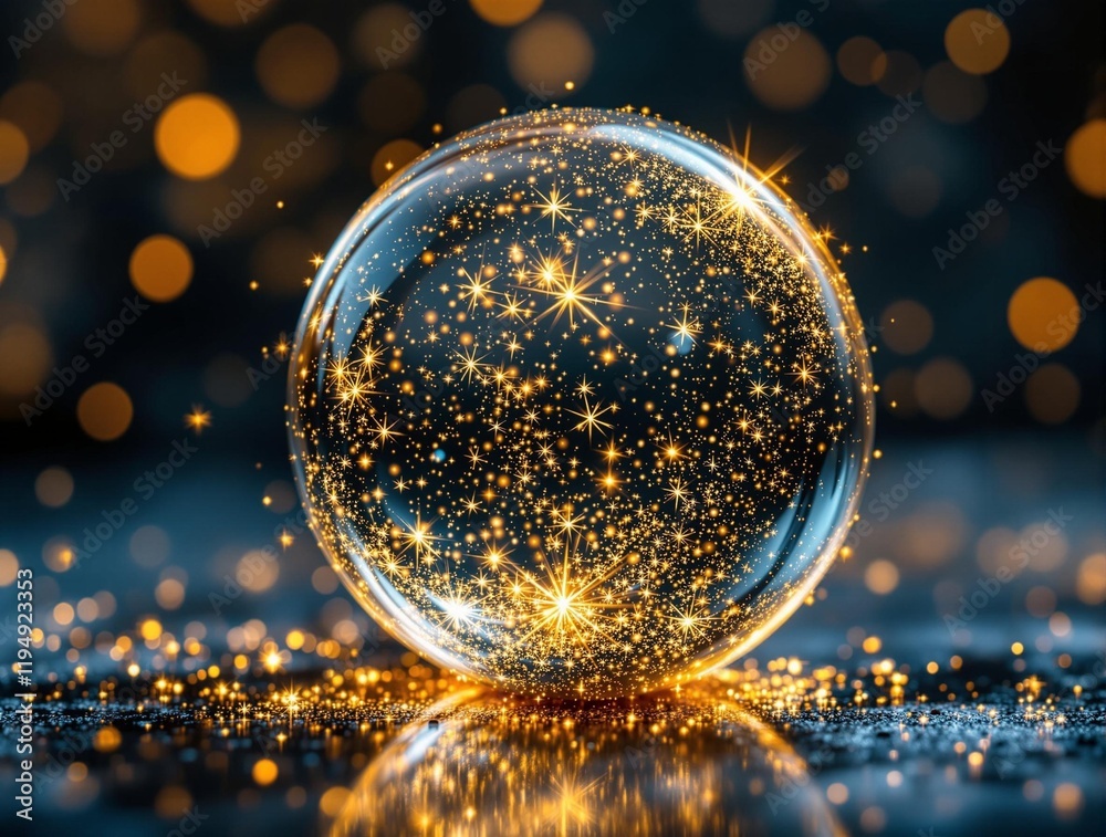Poster glass sphere with a glittery texture, placed on a reflective surface, surrounded by sparkling lights