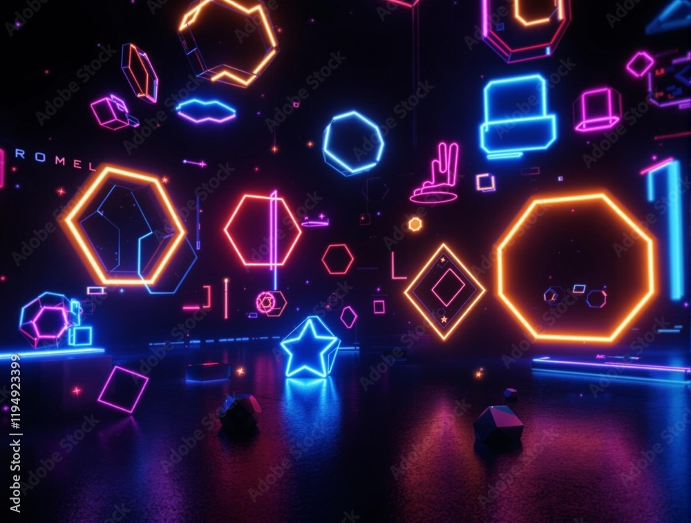Poster 3D render of a dark room with various neon shapes and lights floating in the air, creating a vibrant and futuristic atmosphere. The shapes include hexagons, triangles, and other geometric forms, each 