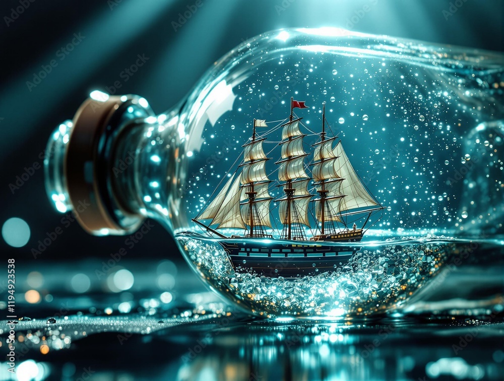 Poster ship enclosed inside a glass bottle, with water inside the bottle, creating an illusion of a tiny world trapped within. The scene has a mystical and serene atmosphere, with soft lighting and bokeh eff