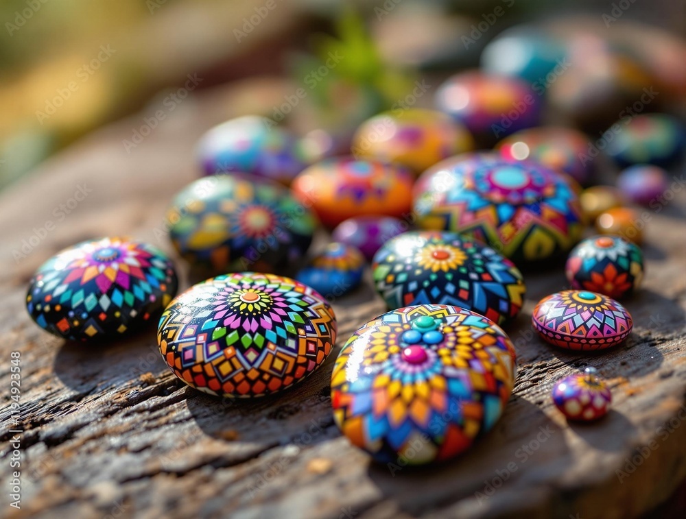 Poster collection of colorful, hand-painted stones arranged on a wooden surface. The stones feature intricate patterns and vibrant colors, creating a visually appealing display.