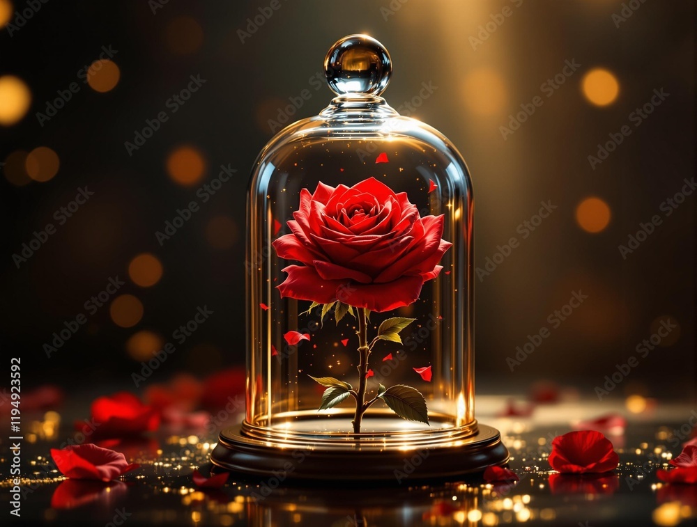 Poster 3D render of a red rose inside a glass dome, surrounded by glowing lights and heart-shaped confetti. The background features a bokeh effect, creating a blurred, illuminated backdrop that highlights th