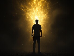 silhouette of a person standing in front of a bright, golden, and electric-like light emanating from their head, creating a striking contrast against the dark background.