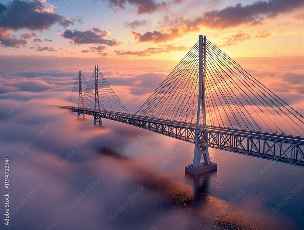 Poster large bridge with white cables hanging from it. the bridge is mostly white with some purple and yell
