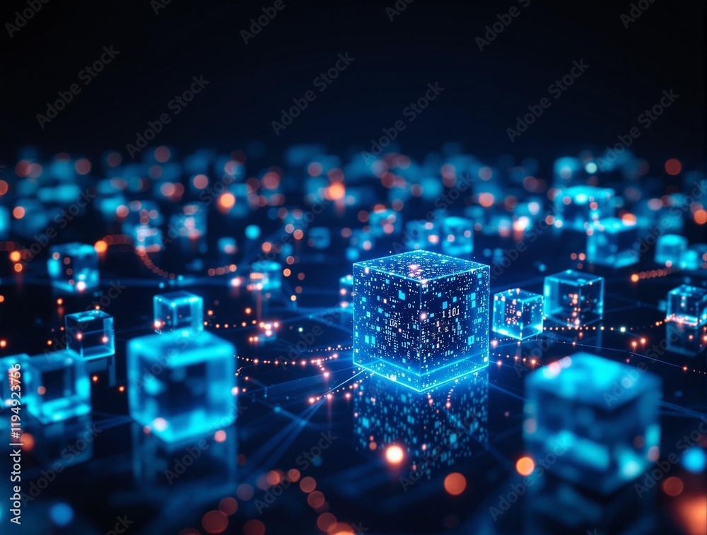 Poster digital or futuristic scene with a glowing cube at its center, surrounded by a network of interconnecting blocks and glowing lights. The overall color scheme is blue and orange, giving it a high-tech 