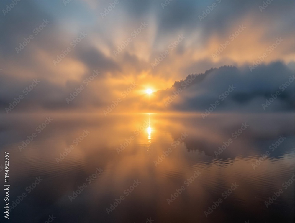 Aufkleber serene lake at sunrise or sunset with the sun low in the sky, casting a warm glow. the sky is filled