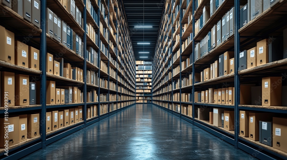 Poster organized archive room with rows of neatly arranged boxes on shelves, creating a sense of order and 