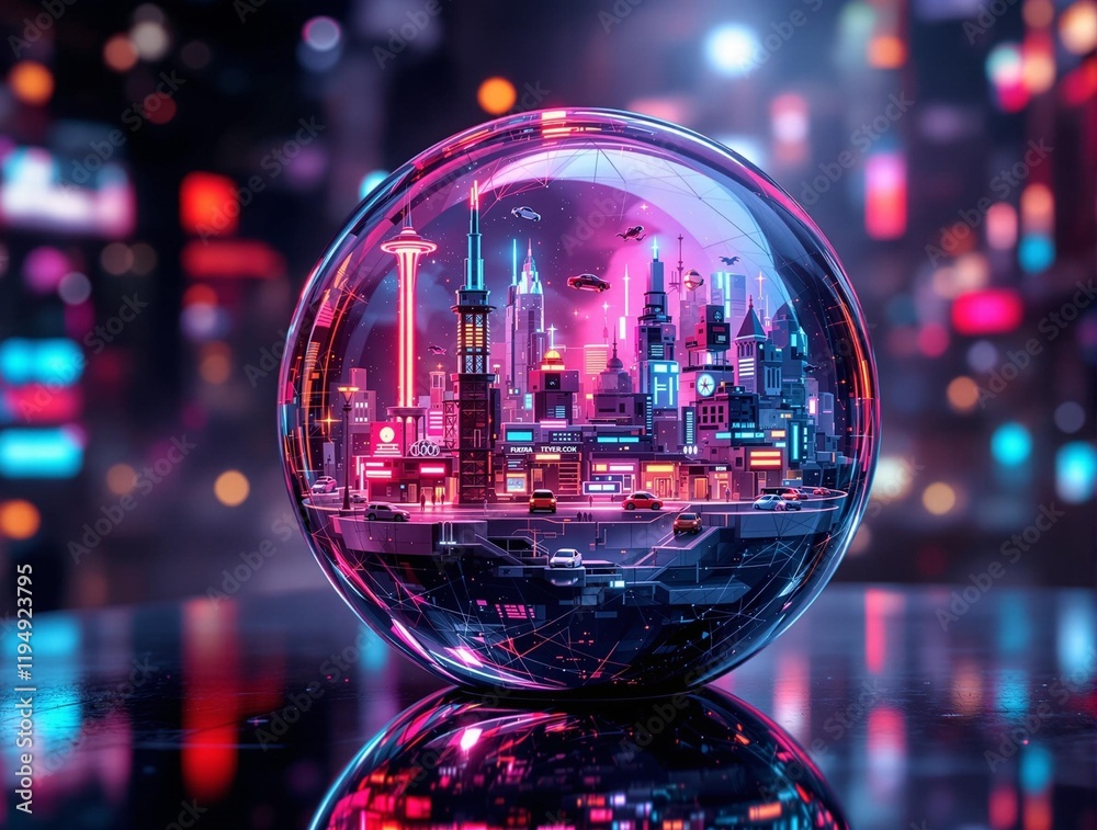 Poster futuristic cityscape inside a crystal ball, with neon lights and vibrant colors creating a cyberpunk