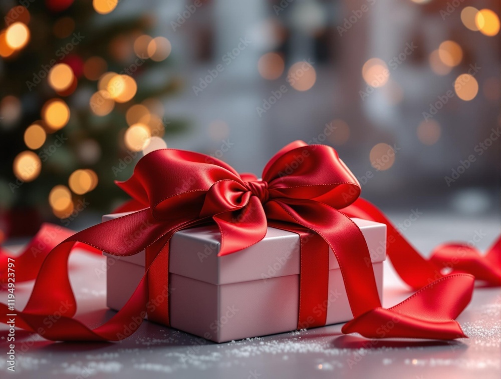 Poster christmas gift wrapped in red paper and tied with a red ribbon. the background features a blurred ch