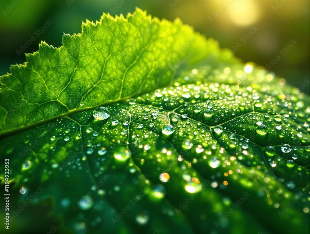 Aufkleber close-up of a vibrant green leaf with numerous water droplets on its surface, reflecting sunlight. t