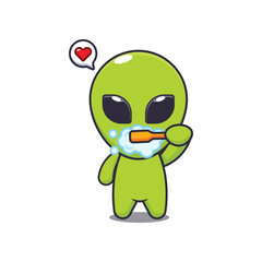 alien brushing teeth. mascot cartoon character vector illustration.