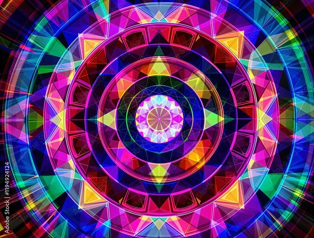 Poster vibrant, colorful, and symmetrical digital artwork featuring intricate geometric patterns and shapes