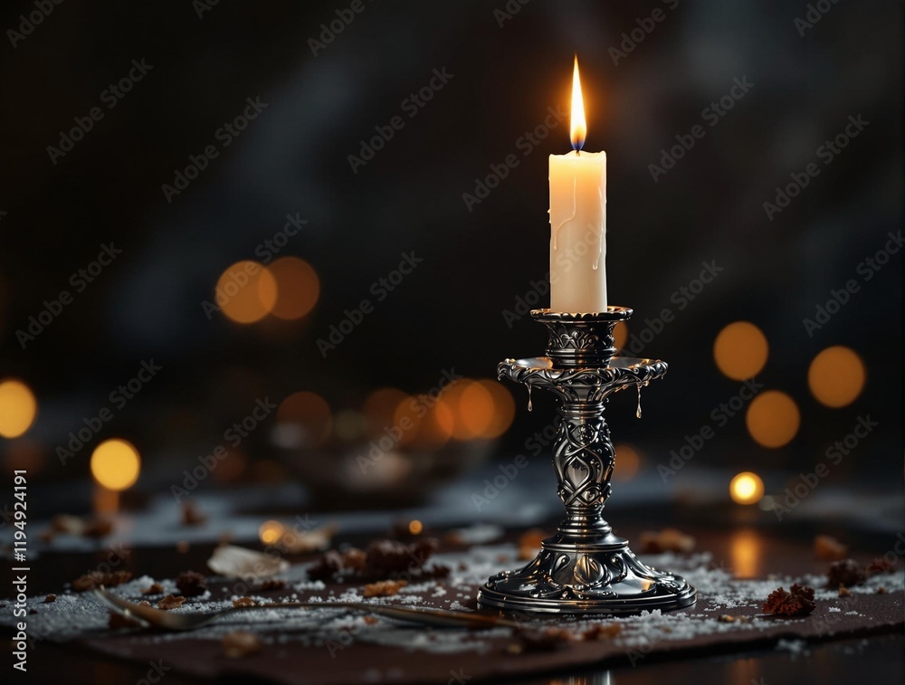 Aufkleber single lit candle with a black background, surrounded by a group of candles and a few other objects.
