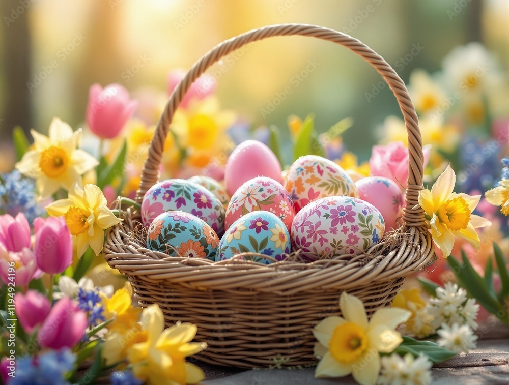Poster wicker basket filled with colorful easter eggs surrounded by a variety of spring flowers in the back