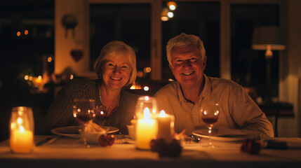 Senior and valentine day concept. Happy senior couple enjoying romantic candlelit dinner at home
