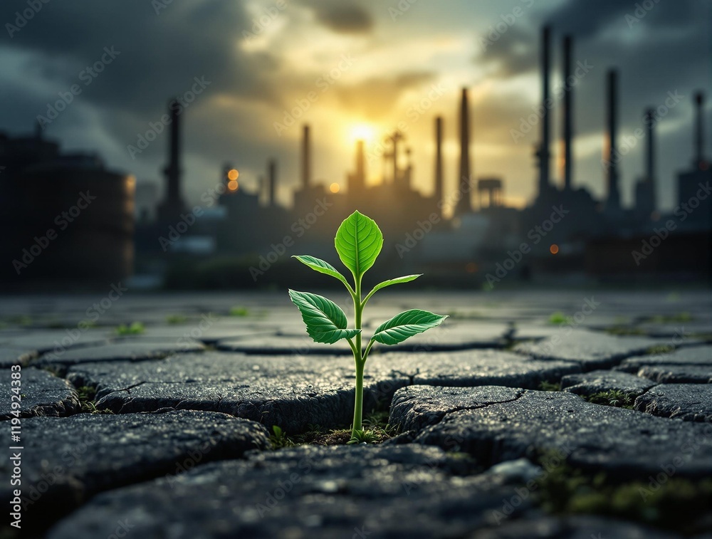 Aufkleber sprout growing out of a concrete pavement, with a background that includes an industrial setting wit