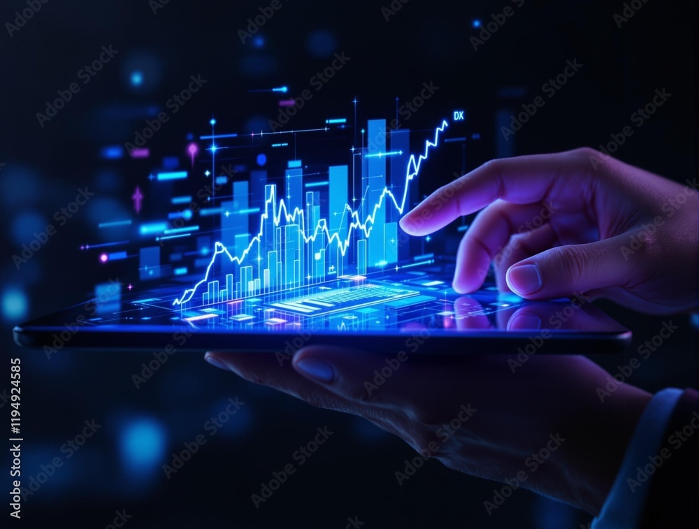 Aufkleber person using a tablet displaying a glowing, futuristic interface with various charts and graphs, suggesting a focus on data analysis or financial markets.